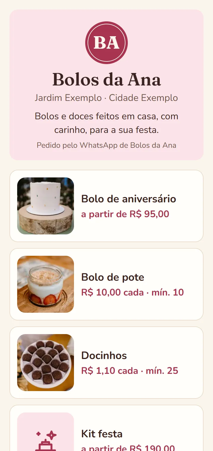 Seu cardápio, suas fotos, suas datas livres. A cliente vê tudo antes de perguntar.